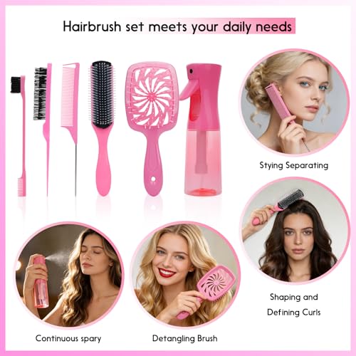 Olportkah 6-Piece Pink Hair Brush Set with Detangling Brush & Spray Bottle