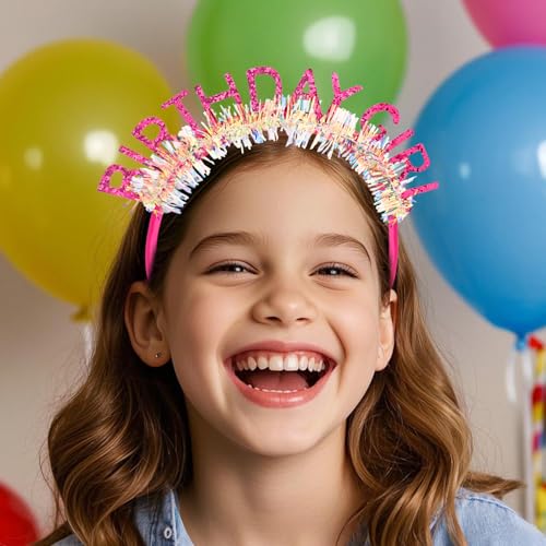 Jaciya Birthday Girl Headband with Glitter Letters & Tinsel