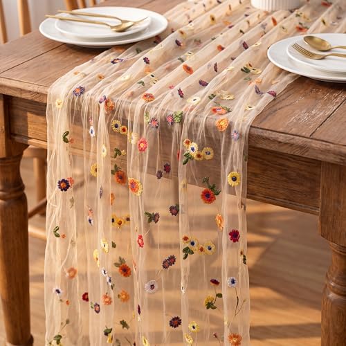 Champagne Floral Table Runner 30x120 Inch - Embroidered Daisy Tulle for Weddings & Parties