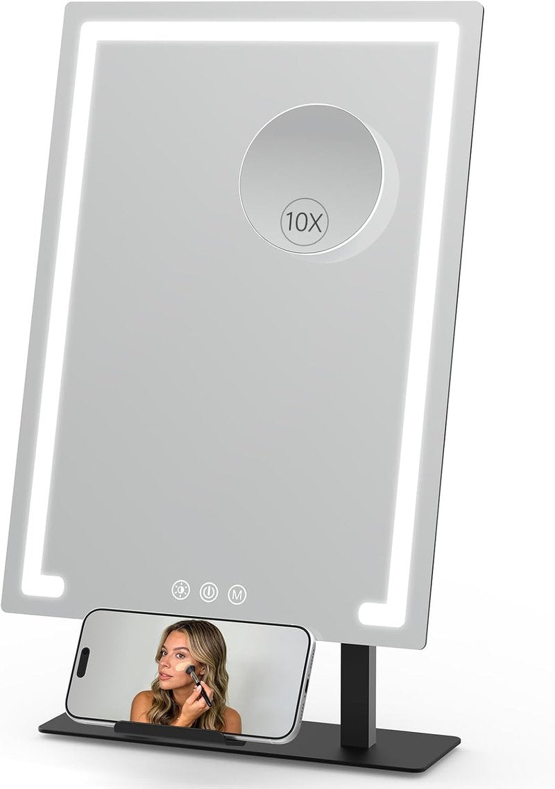 Vanity Mirror with Lights - 3 Color Modes & 10x Magnification | Rechargeable Makeup Mirror with Smart Touch Control & Phone Holder