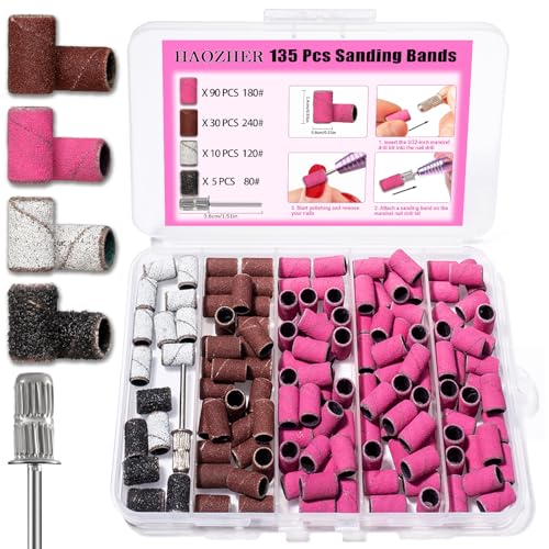 Haozher 135 Pcs Nail Drill Bits Set with Sanding Bands - 4 Grits