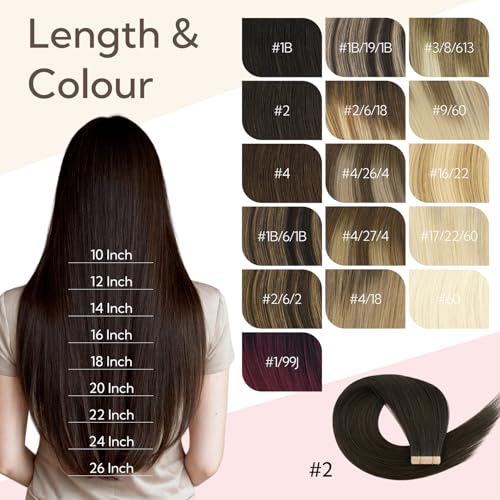 HOTBANANA 18" Tape-In Human Hair Extensions - Dark Brown, 20pcs 50g