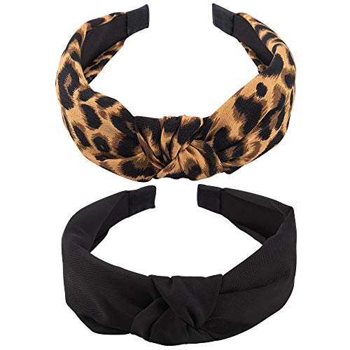 KICOSY 2PCS Wide Non-Slip Leopard & Black Knot Headbands for Women & Girls