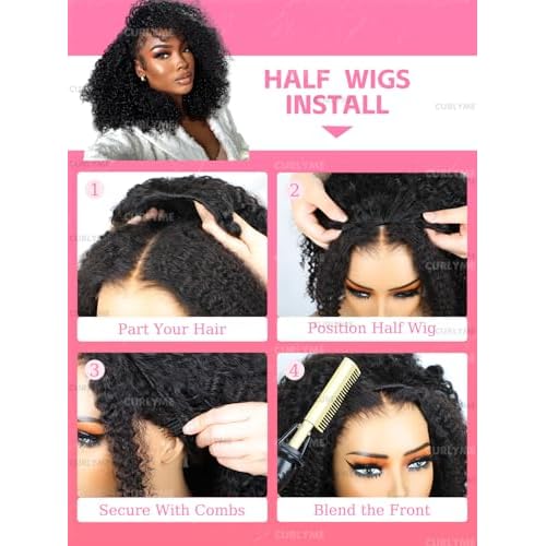 Curlyme Kinky Curly Half Wig Human Hair 3 In 1 Seamless Flip Over Half Wigs Human Hair Invisible Hairline Kinky Curly Headband Wig for Women 18 Inch