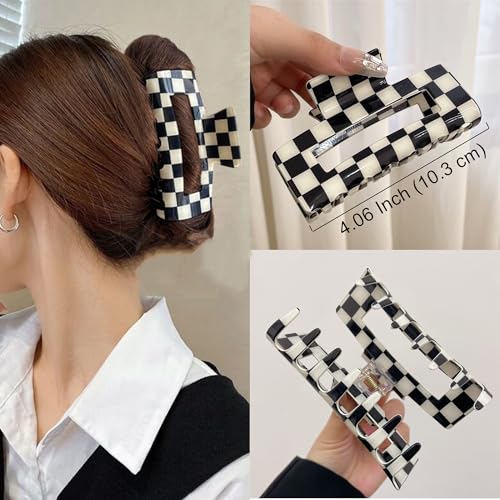 Large Checkered Hair Claw Clips - 4 Pack Acrylic Barrettes for All Hair Types
