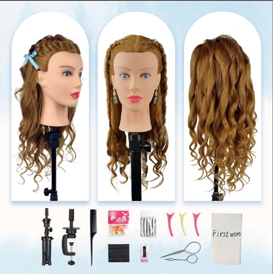 Human Hair Mannequin Head - 80% Real Hair Cosmetology Doll for Hairdresser Practice | Amber Brown with Tripod Stand & Clamp