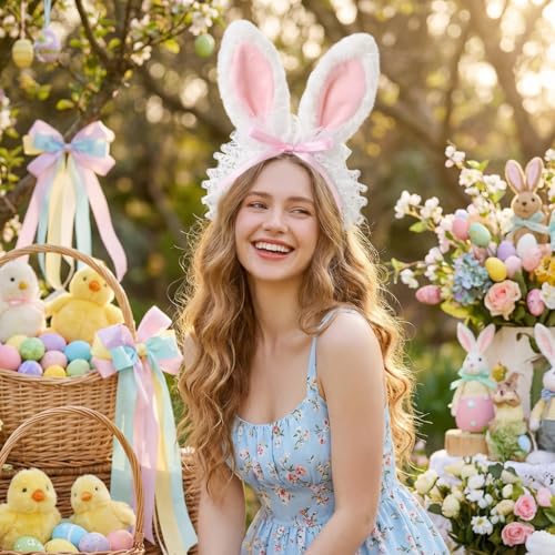 Pink Lace Easter Bunny Ears Headband with Curly Rabbit Hair Accessories for Parties & Photos