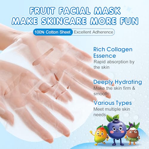 KONEUK 24 Pack Fruit Cartoon Face Mask Set, Collagen Hydrating Skincare