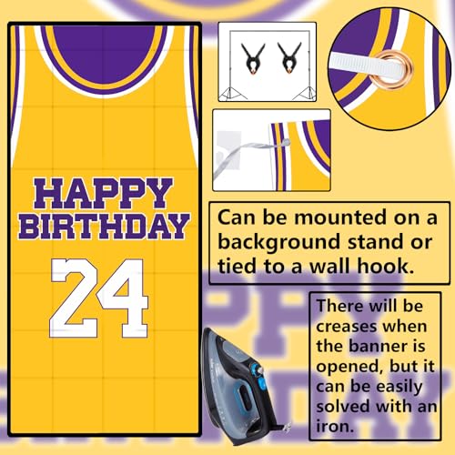 24th Birthday Basketball Banner Backdrop - Purple & Gold Decor