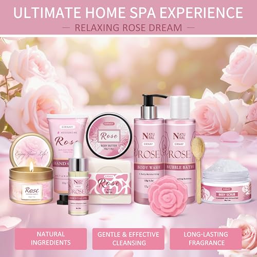 EIRNAY 12-Piece Rose Scented Spa Gift Set for Women - Self Care Bath Kit