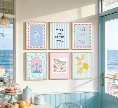Coastal Wall Art Set - 6 Pcs Pink Blue Seashell Canvas Prints, 8x10