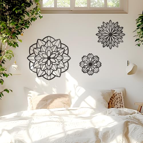 Black Metal Flower Wall Art Set - 3 Piece Decor for Home & Office