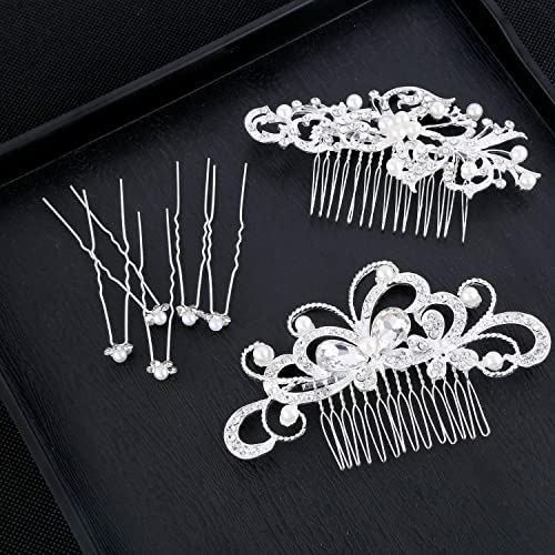24Pcs Bridal Hair Comb and Pins Set with Rhinestones & Pearls for Wedding & Bridesmaids