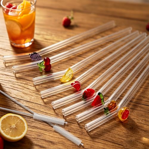Reusable Glass Straws Set with Fruit Charms - 10 Pack, 7.9"