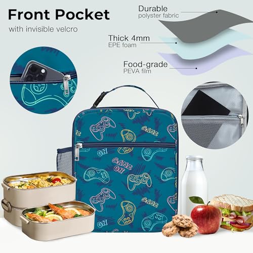 Clastyle Gamer Lunch Bag | Insulated Blue Gamepad Lunch Box for Kids