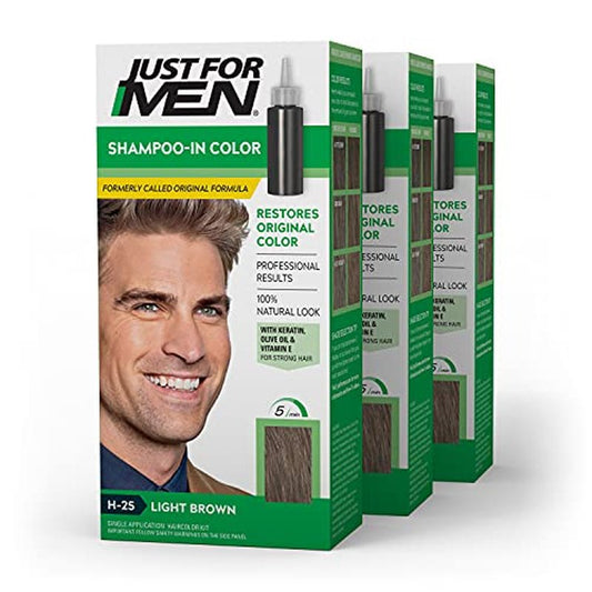 Just For Men Shampoo-In Color (Formerly Original Formula), Mens Hair Color with Keratin and Vitamin E for Stronger Hair - Light Brown, H-25, Pack of 3 (Packaging May Vary)
