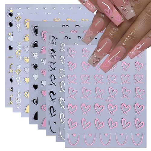 Dulyork A1 Valentines Day 3D Heart Nail Stickers 8 Sheets for Nail Art