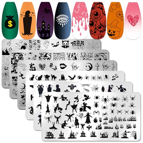 JERCLITY Halloween Nail Stamping Plates 6-Piece Set-02 Witch Ghost Spider Skull