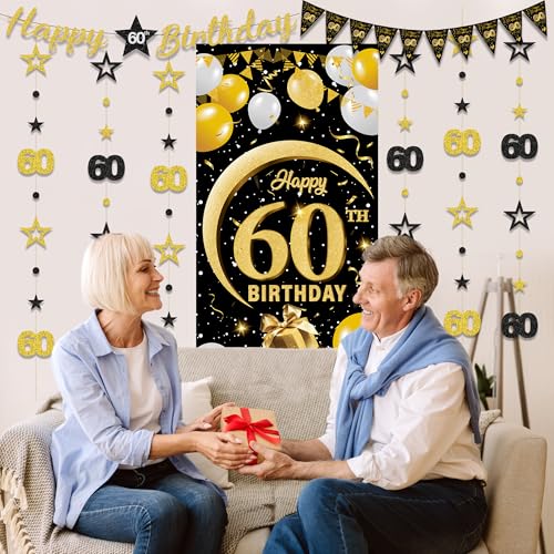60th Birthday Decorations Set - Black Gold Banner & Swirls