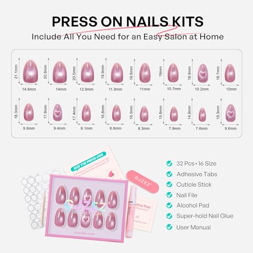 Pink Heart Soft Gel Press on Nails - Short Almond Reusable Manicure