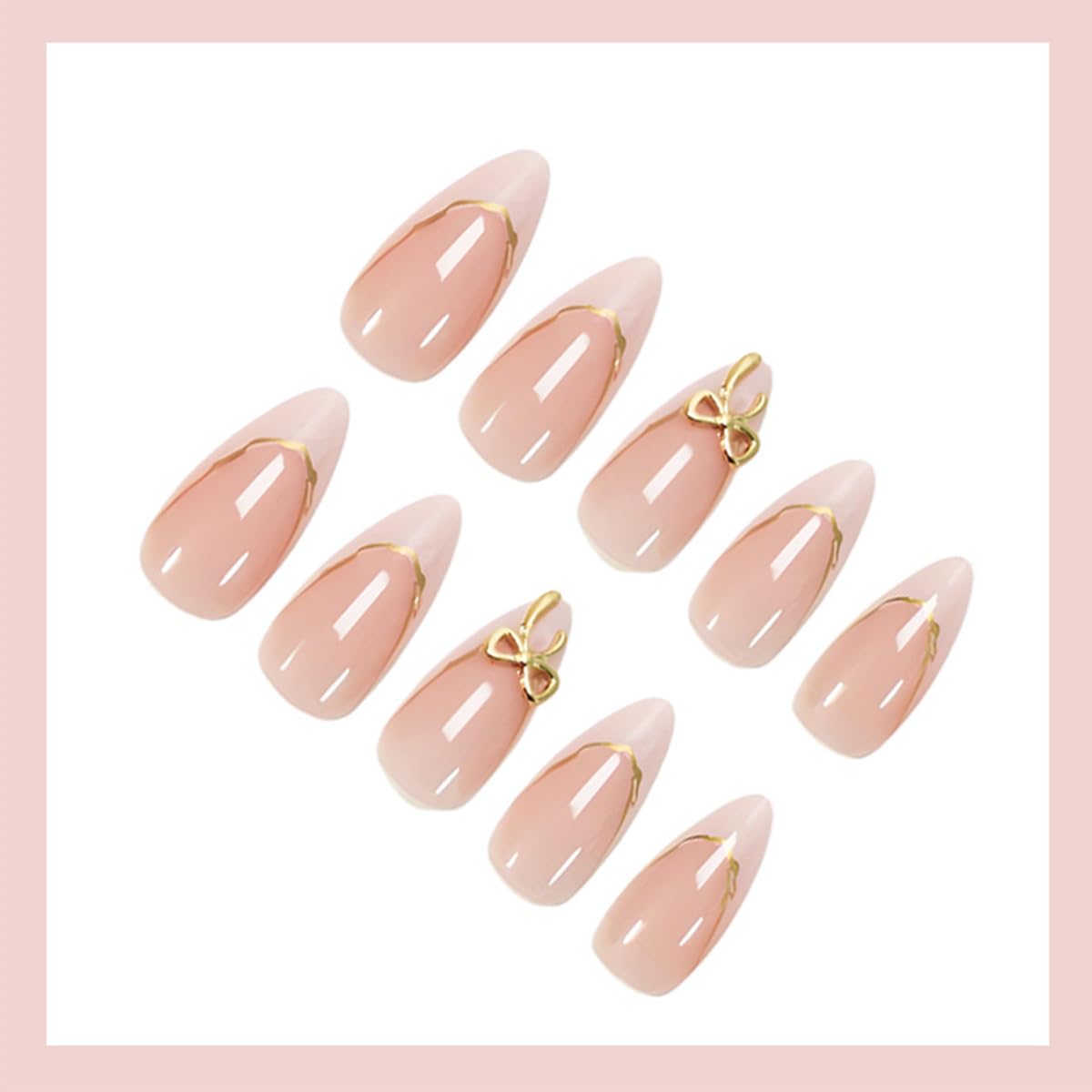 Almond Press-On Nails - White French Tip with 3D Gold Bow | Reusable Acrylic Full Cover, 24 Pcs