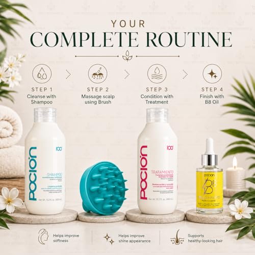 Poci?n Hair Care Bundle with Shampoo (Revitalizing Shampoo), Tratamiento (Repair Conditioner Treatment), Poci?n Brillo Infinito B8 Hair Oil & Scalp Massage Brush | 4-Piece Hair Care Set