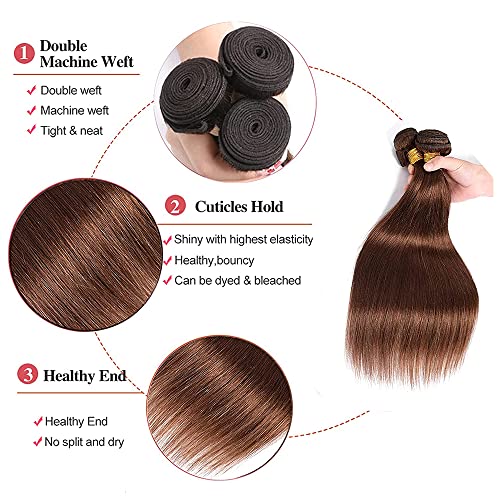 Aonbamds 3 Bundles Human Hair Extensions Brown Straight 12-16 Inch Virgin Brazilian