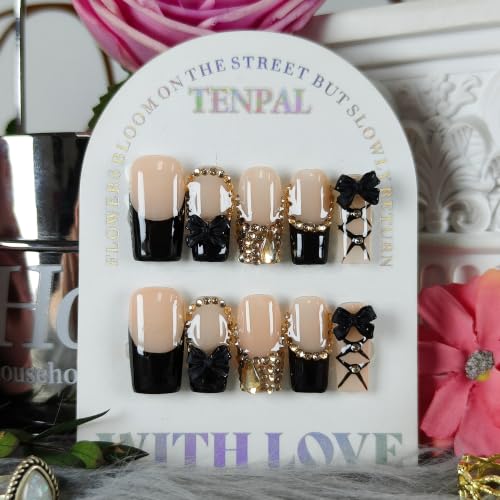 Medium Long Coffin Press on Nails Black French Gold Bow(M)