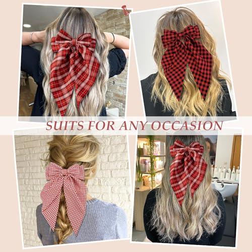 FDBJulyy 4 Pcs Hair Bows for Women & Girls - Red, Wine, Purple & Checkerboard Red
