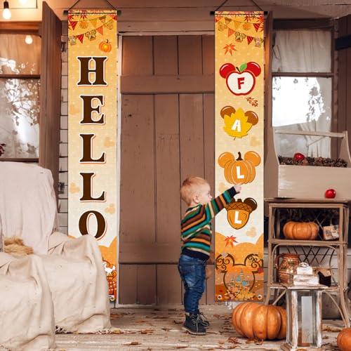 Hello Fall Porch Sign Banner - Mouse Pumpkin & Maple Leaf Decor