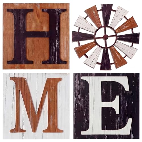 Rustic 3D Wooden Farmhouse Wall Decor with Windmill - 4 Pcs