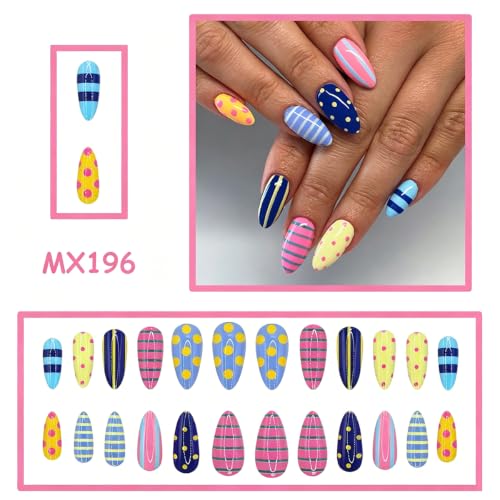 Colorful Medium Almond Press-On Nails with Stripe & Polka Dot Design - 24Pcs