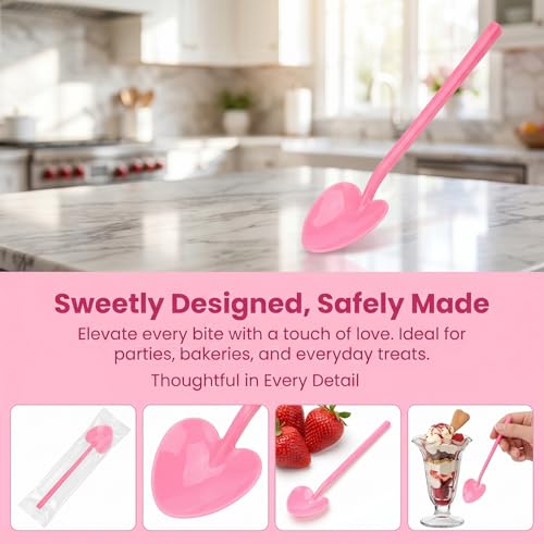 KALLORY 100PCS Heart-Shaped Pink Disposable Dessert Spoons