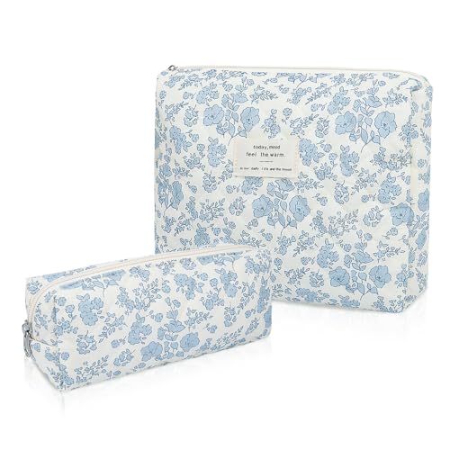 Gosect 2PC Blue Floral Makeup Bag Set for Women Girls Travel Cosmetic Organizer