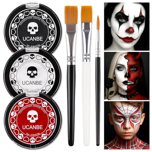 UCANBE Halloween Face Body Paint Set - Black, White & Red Makeup Kit with Brushes