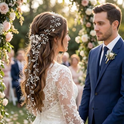 Naturahand Silver Wedding Crystal Hair Vine with Pearls for Bridal & Bridesmaids