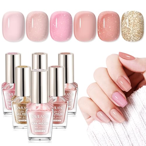 SAVILAND Quick Dry Nail Polish Set - 6 Pcs Sheer Nude Pink Glitter Colors
