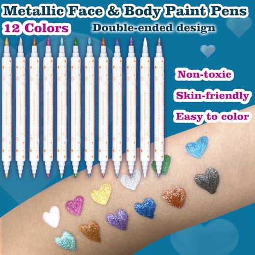 12 Colors Metallic Face Paint Pens for Body & Face Art