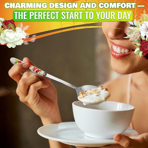 Ceramic Handle Stainless Steel Tablespoons Set of 6 - Floral Design