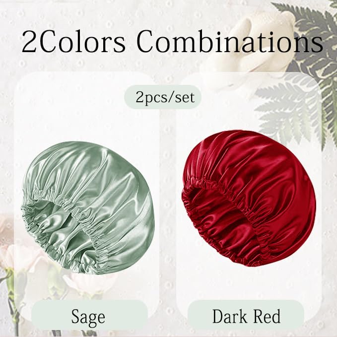 Sage & Dark Red 2-Pack Satin Sleep Bonnet for Curly Hair Women Night Caps