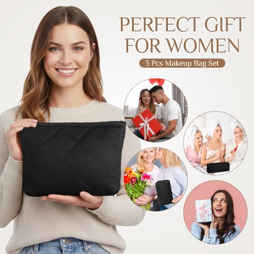 Paterr 3-Piece Black Quilted Cotton Makeup Bag Set - Foldable & Washable Cosmetic Pouches