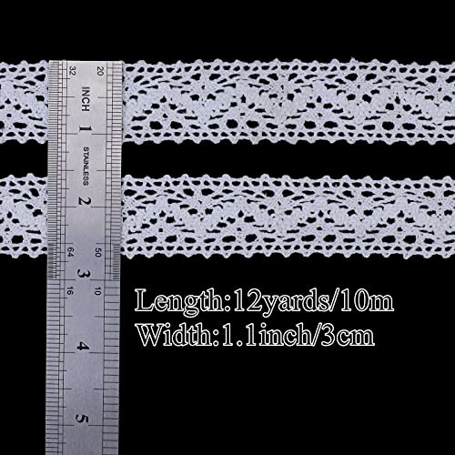 White Cotton Lace Trim - 12 Yards, 1.1 Inch Wide for Crafts & Decorations