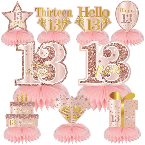 Pink Rose Gold 13th Birthday Honeycomb Centerpieces - 9 Pcs