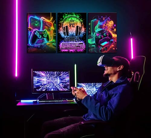 Gaming Wall Art - 3Pcs Colorful Neon Gamepad Canvas Prints 12x16in
