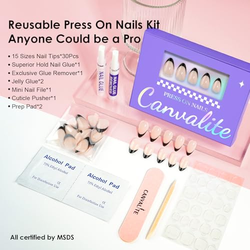 Canvalite Black French Tip Reusable Press On Nails - Short Almond Fake Nails with Glue & Remover, Manicure Kit for Women