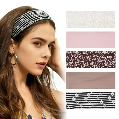 Aranya Boho Floral Headbands, 5-Pack Jacquard Embroidered Hair Accessories for Women