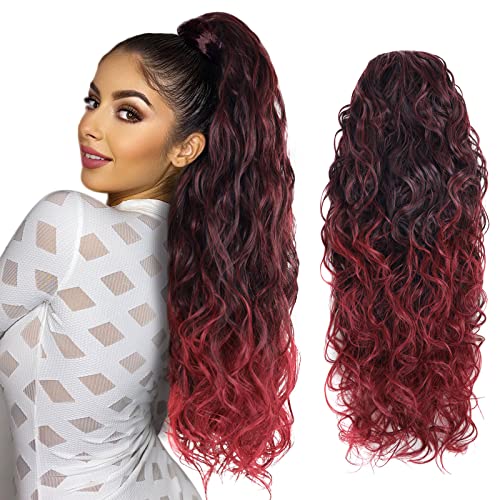 26" Ombre Burgundy Curly Drawstring Ponytail for Black Women - YIBANG