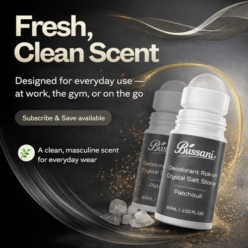 Bussani Men's Natural Roll-On Deodorant - 24H Odor Protection, Patchouli Scent, Aluminum-Free, 2.02 oz