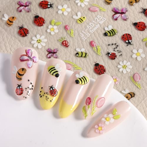 5D Embossed Nail Art Stickers - Bee, Ladybug & Flower Designs