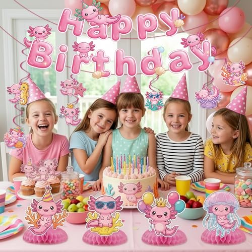 Axolotl Birthday Party Decorations - 22 Pcs Kit with Banners & Swirls